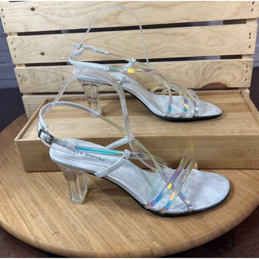Ann Marino womens Size 9 M White translucent sandal open toe Strappy square heel